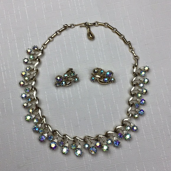 Vintage Coro Necklace Earrings Set AB Rhinestone - Picture 3 of 8